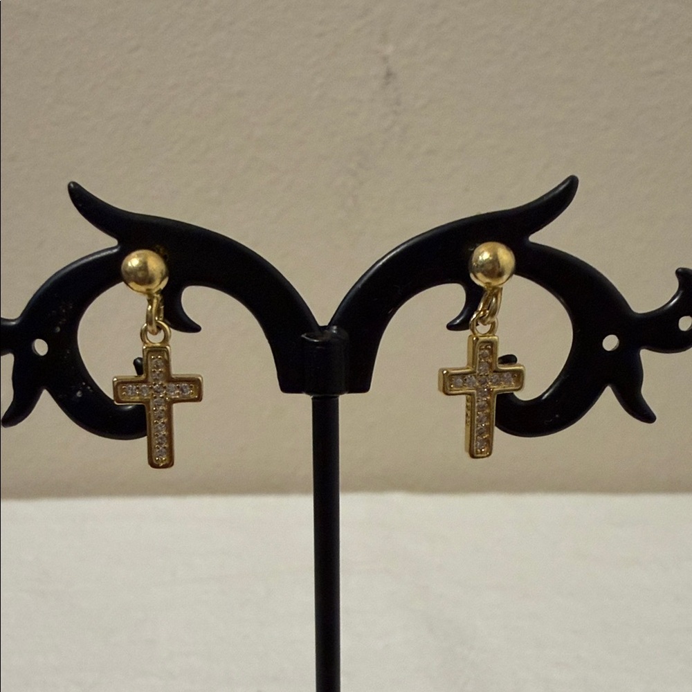 Gold-Toned Cross Dangle Rhinestone Earrings